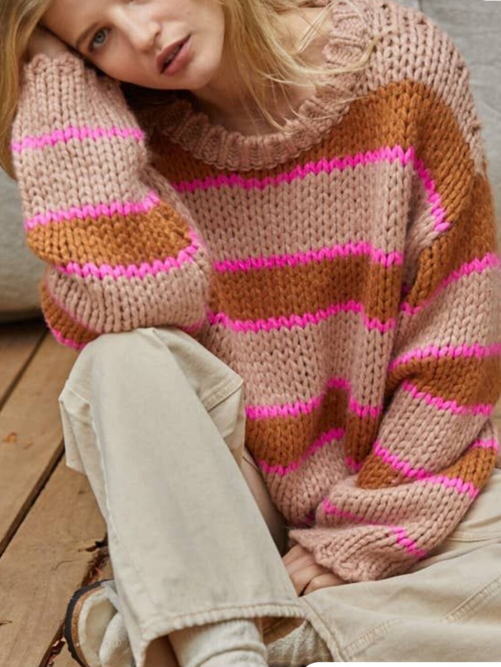 Anthropologie Buy Together Pink & Tan Stripe Chunky Knit Sweater